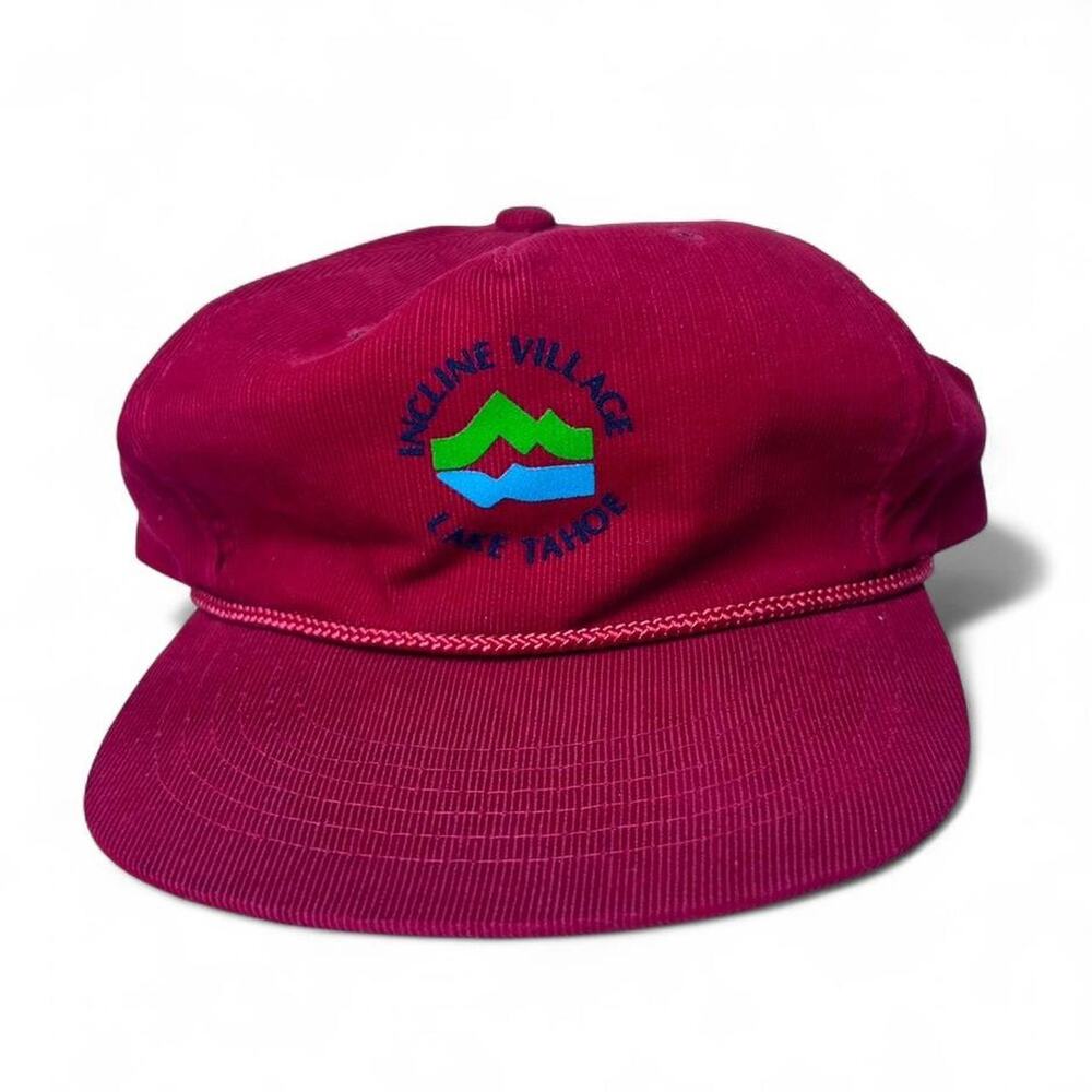 Incline Village Lake Tahoe 70s Vintage Corduroy Trucker Strap Back Cap Red